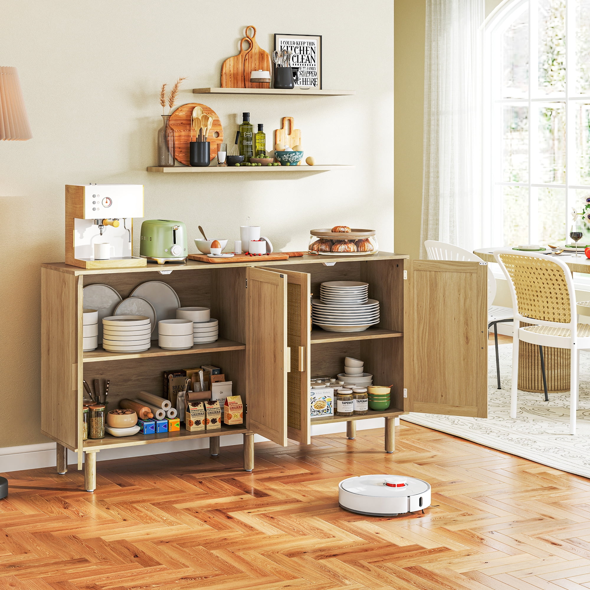 HOQBN 62.2" Bohemian Sideboard, Buffet Cabinet with 4 Rattan Doors and Shelves for Living Room, Hallway, Natural