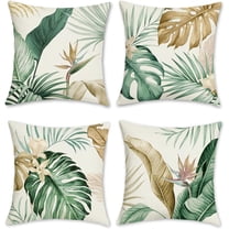 Tropical Leaves Throw Pillow Covers 18 x 18 Inch Green Brown Leaf Decorative Pillow Cases Polyester Linen Outdoor Cushion Covers for Sofa Bed Home Decor Set of 4