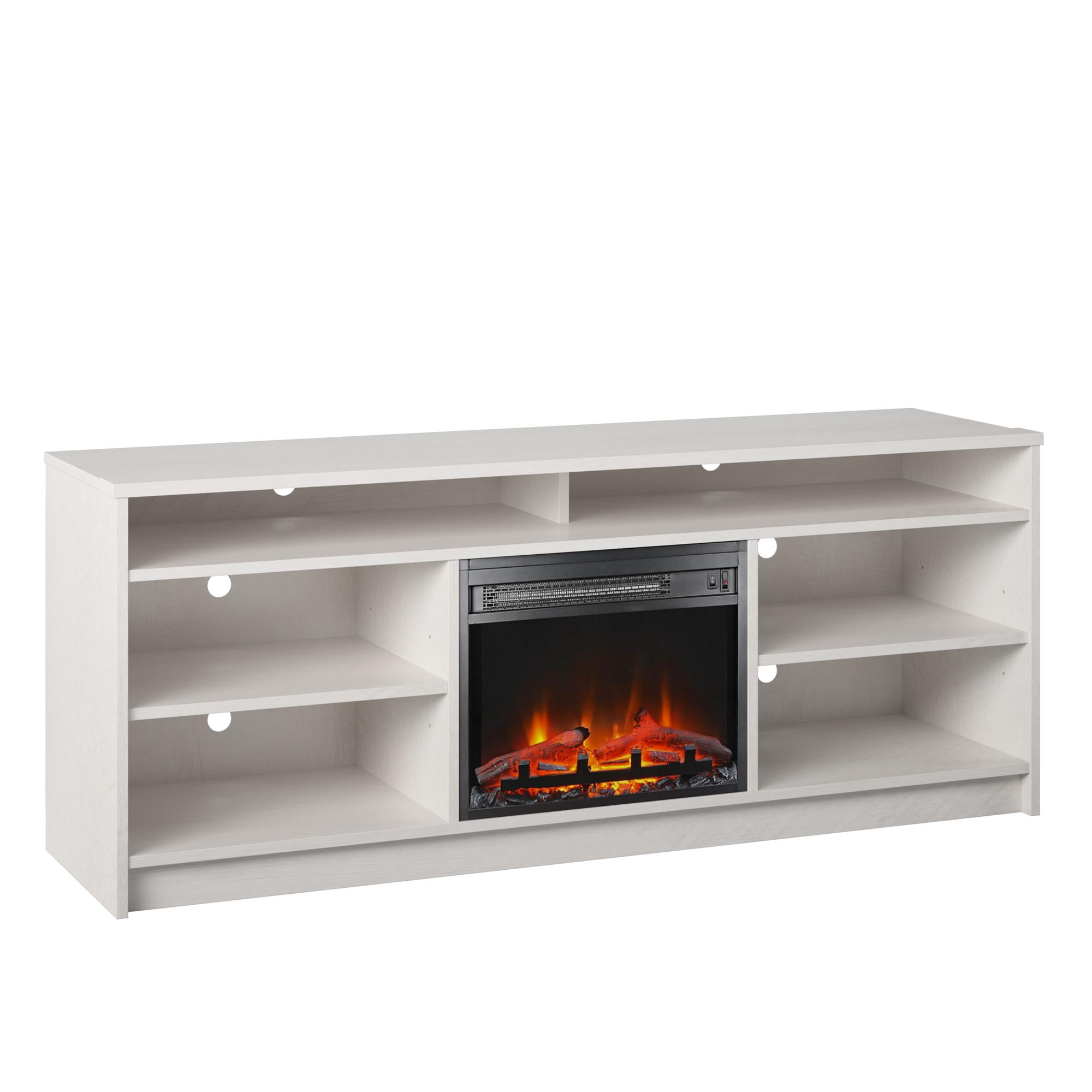 Ameriwood Home Heston 65" TV Stand with Electric Fireplace Insert and 6 Shelves, Ivory Oak