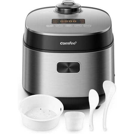 COMFEE' Compact Rice Cooker 8 Cups Cooked/4 Cups Uncooked, 9-in-1 Multi Cooker, Fast Rice Maker, Steam, Brown Rice, Grains, Fuzzy Logic Technology, Grey