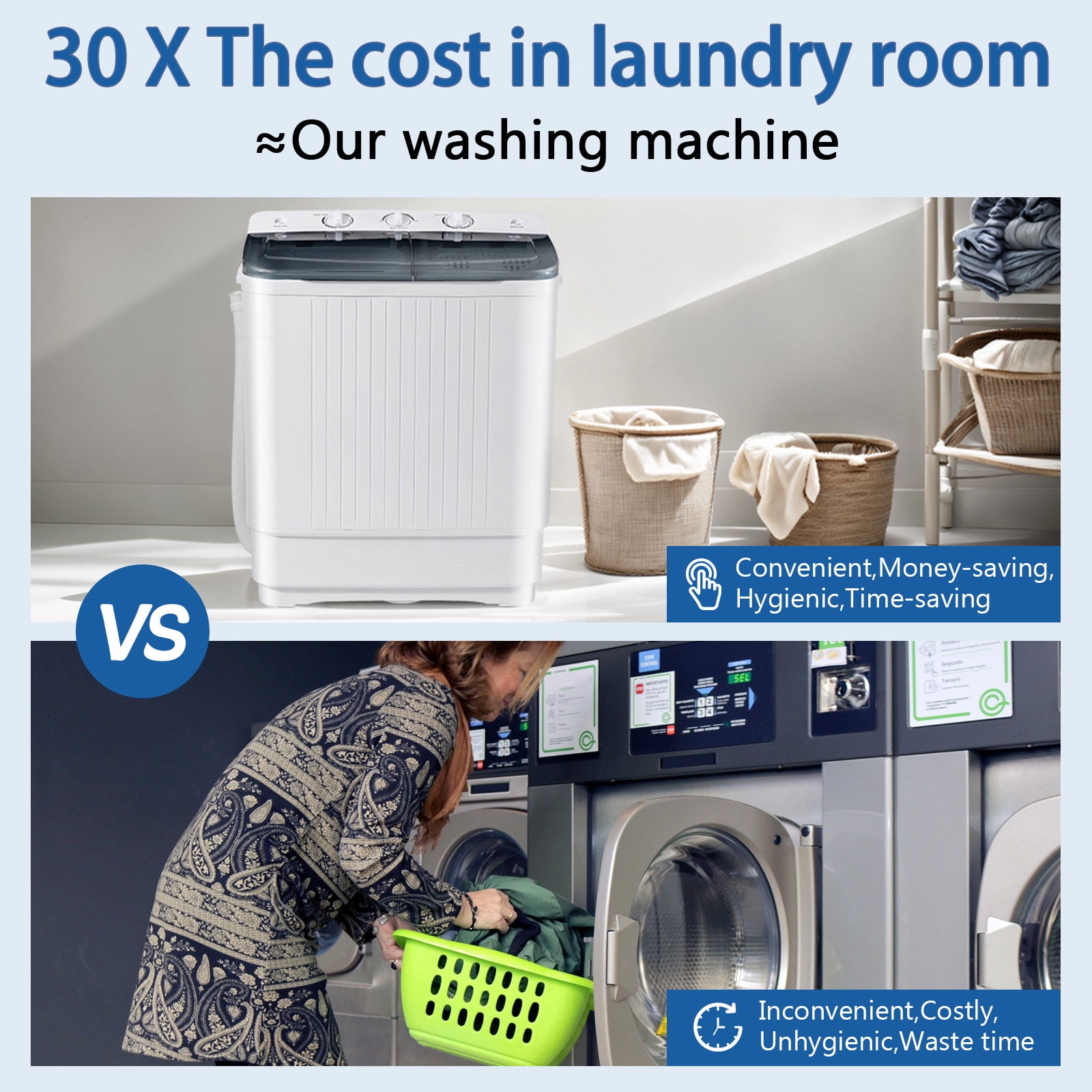Dimedeal 32 lbs Portable Twin Tub Mini Washing Machine, 20 lbs Washer & 12 lbs Spinner with 1 Drying Rack & 10 Hangers