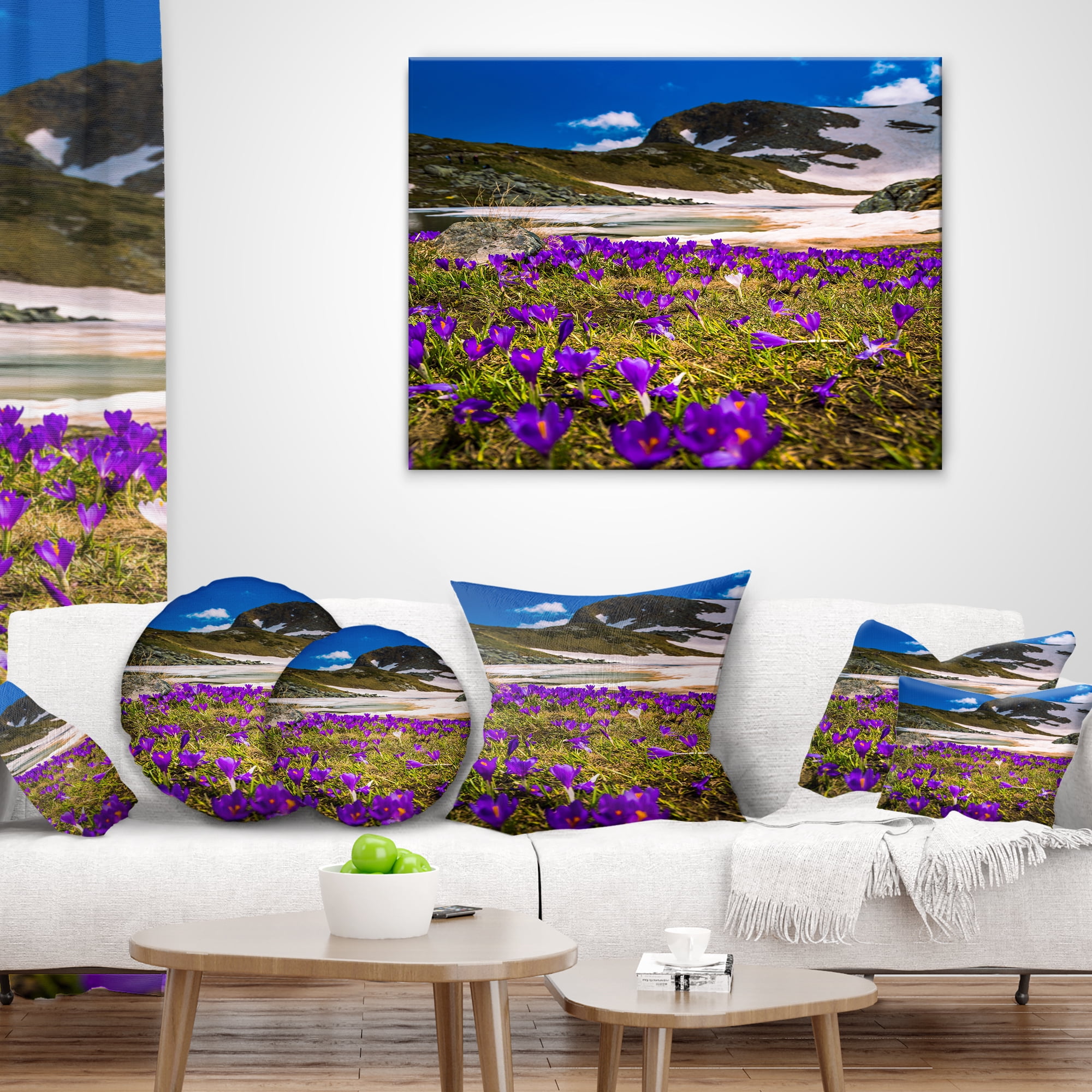 Designart Blooming Crocus Flowers in Rila Mountains - Landscape Printed Throw Pillow - 18x18