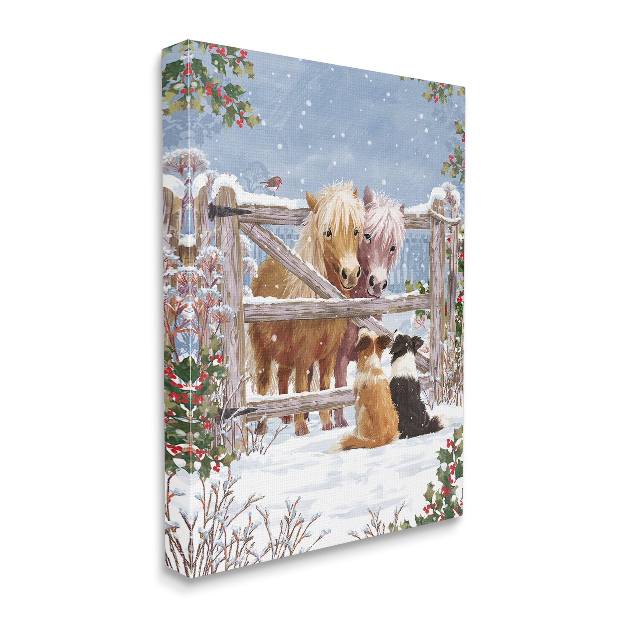 Stupell Industries Ponies & Dogs Winter Farm Scene Holiday Painting Gallery Wrapped Canvas Print Wall Art