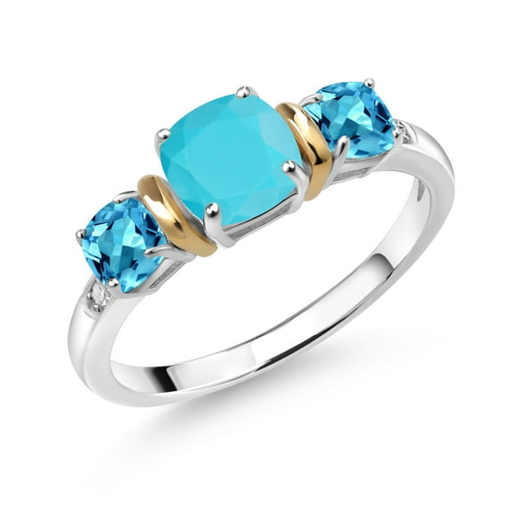 Gem Stone King 1.65 Cttw Green Turquoise and Swiss Blue Topaz 925 Silver and 10K Yellow Gold Diamond 3-Stone Ring for Women | Gemstone Birthstone (Size 8)