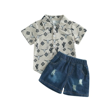 

Emmababy Stylish Summer Outfits for Boys: Button Up Shirt and Denim Shorts