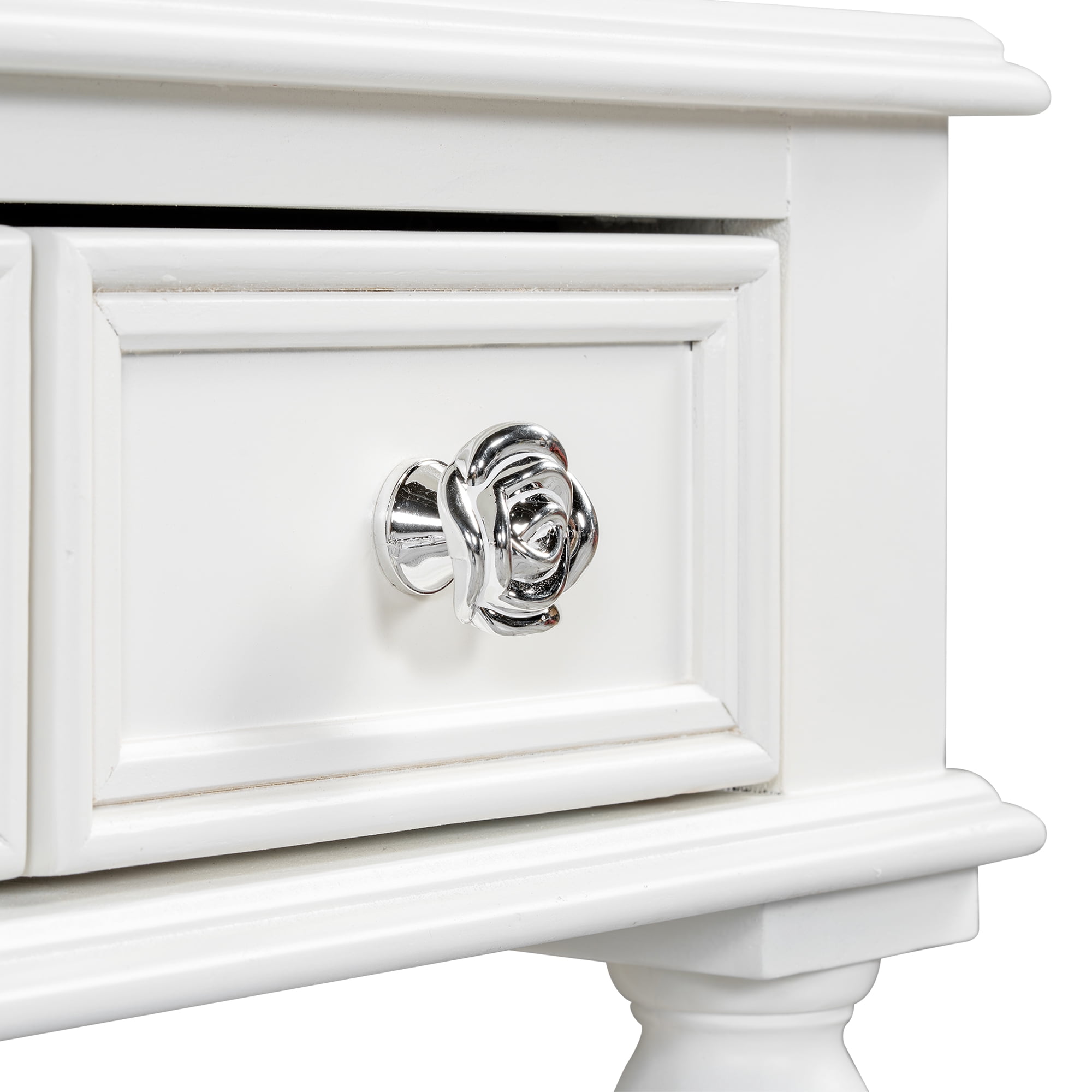 Yoneston Vanity Set with Octagonal Carved Wall Mirror, 3 Center Organizer Drawer, Console Dressing Table for Bedroom, White