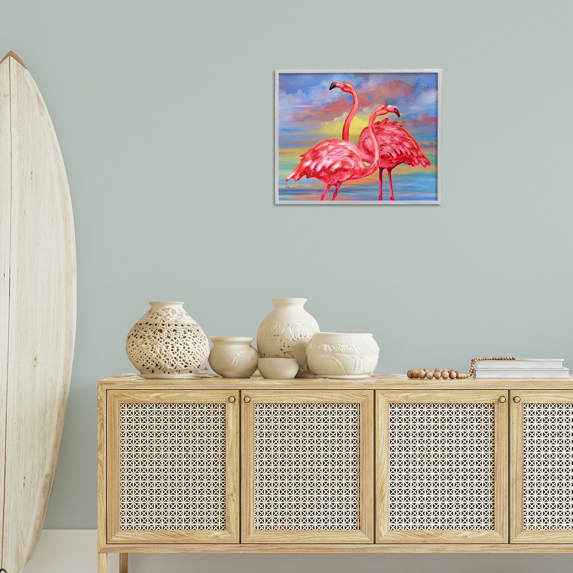 Stupell Industries Rainbow Sunset Flamingos Animals & Insects Painting Gray Framed Art Print Wall Art, 20 x 16