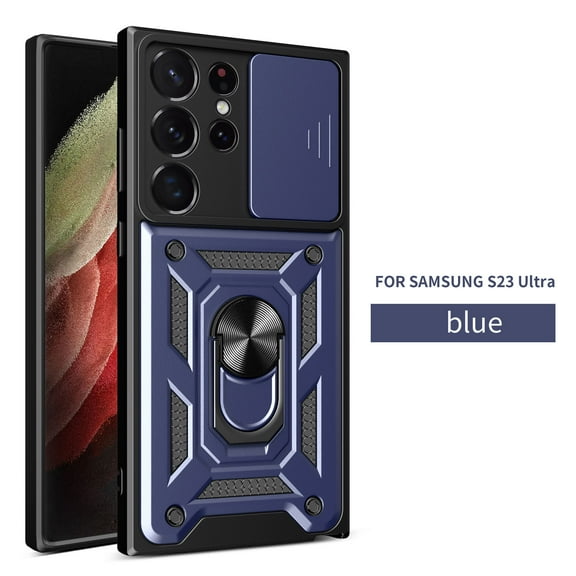 Dteck Case for Samsung Galaxy S23 Ultra 6.8 inch, Shockproof Rugged Protective Armor Case with 360 Degree Ring Stand & Slide Lens Cover & Support Magnetic Car Mount,Blue