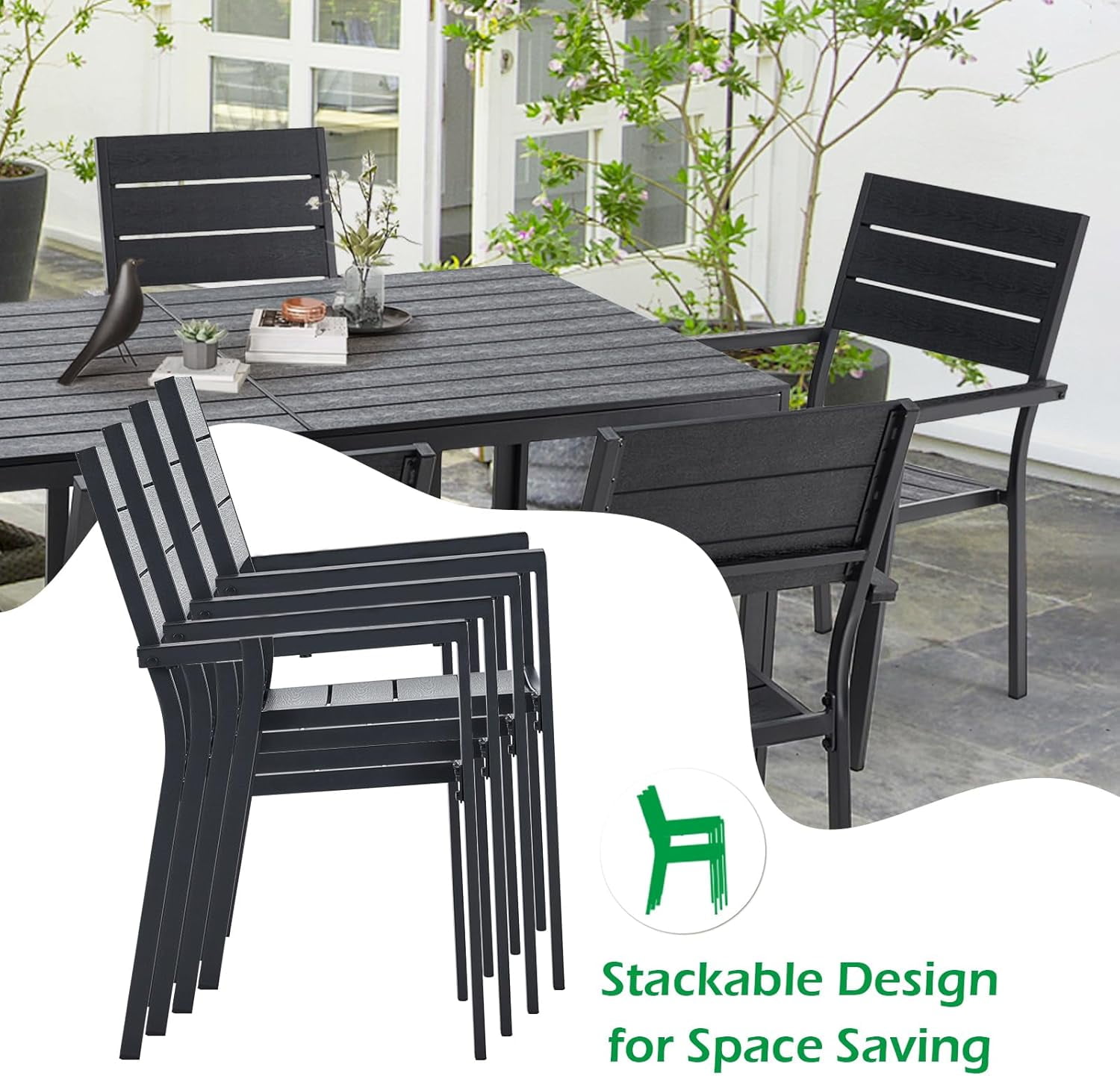 AECOJOY 7 Piece Outdoor Dining Set Patio Furniture Set On Sale Wood Grain Outdoor Table and Chairs on Clearance in Black