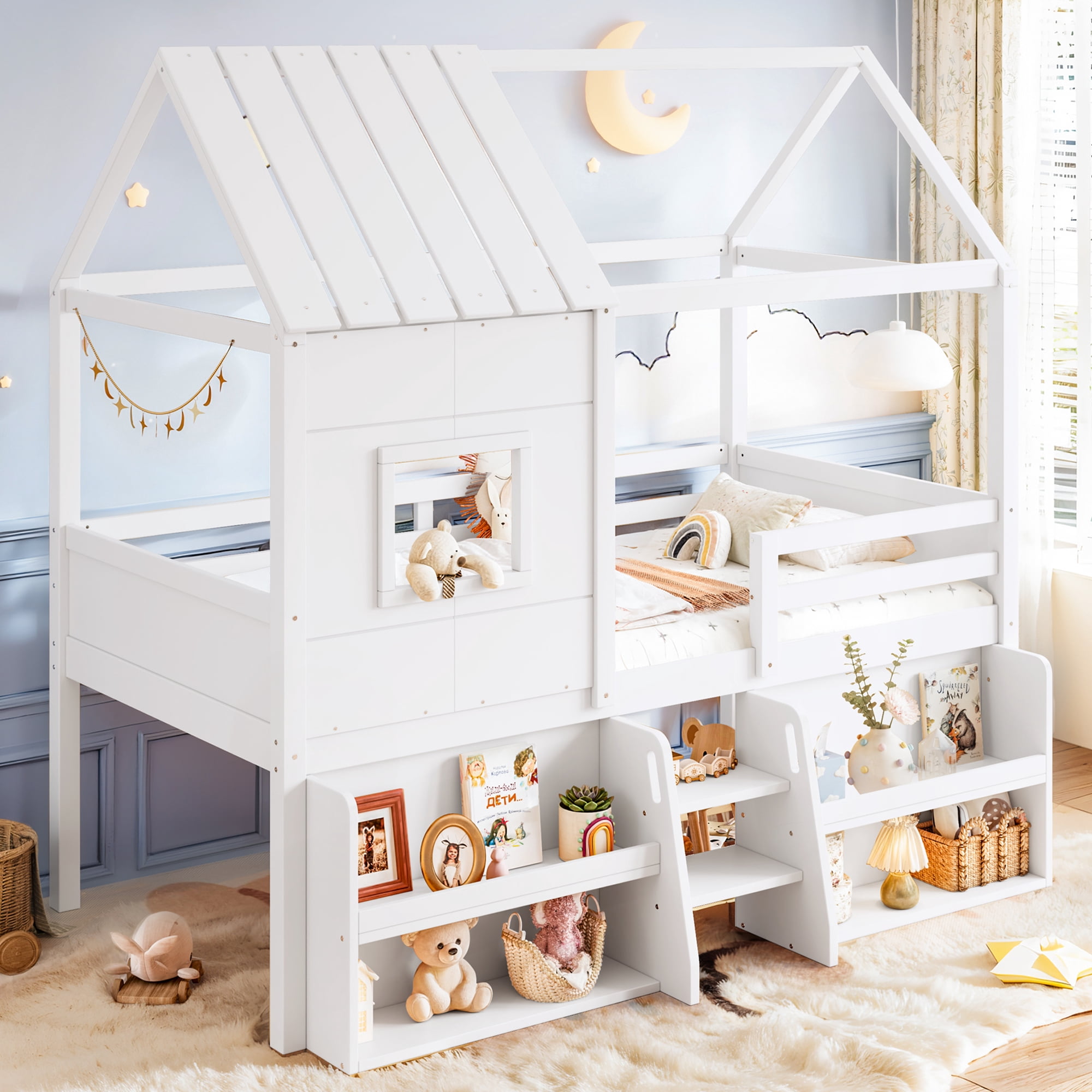 Leumius Twin Size Loft Bed with Storage Shelves and Stairs, House Loft Bed with Playhouse Shape Roof and Window, Childlike and No Box Spring Needed Design, White