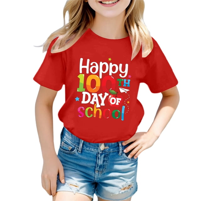 Hauts Filles Décontracté Enfant Col Rond Tee Mode Imprimés Manches Courtes Été Vêtements Filles Tout-Petits Rouge 3-4 Ans