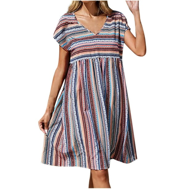 Vestido de Manga Corta para las Mujeres, V-Cuello Estilo Bohemio Impresión Empalme Rodilla Vestido de Longitud, Casual