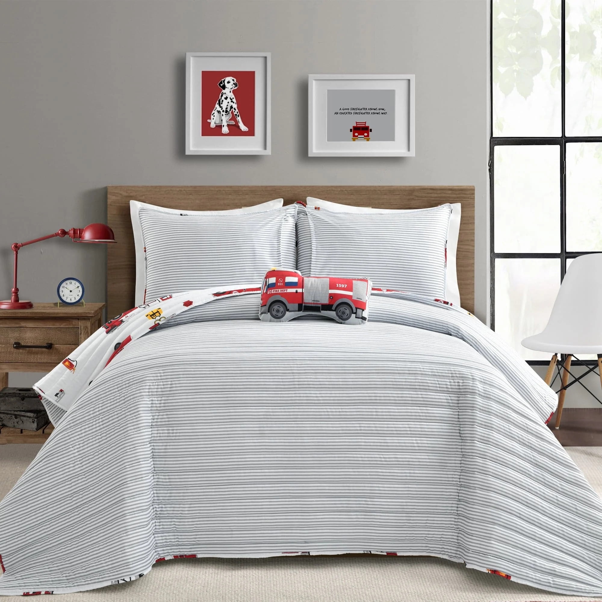 Lush Decor Fire Truck Quilt 4 Piece Set Full Queen Red Gray Reversible Stripe Print Bedding Set for Kids Room Walmart