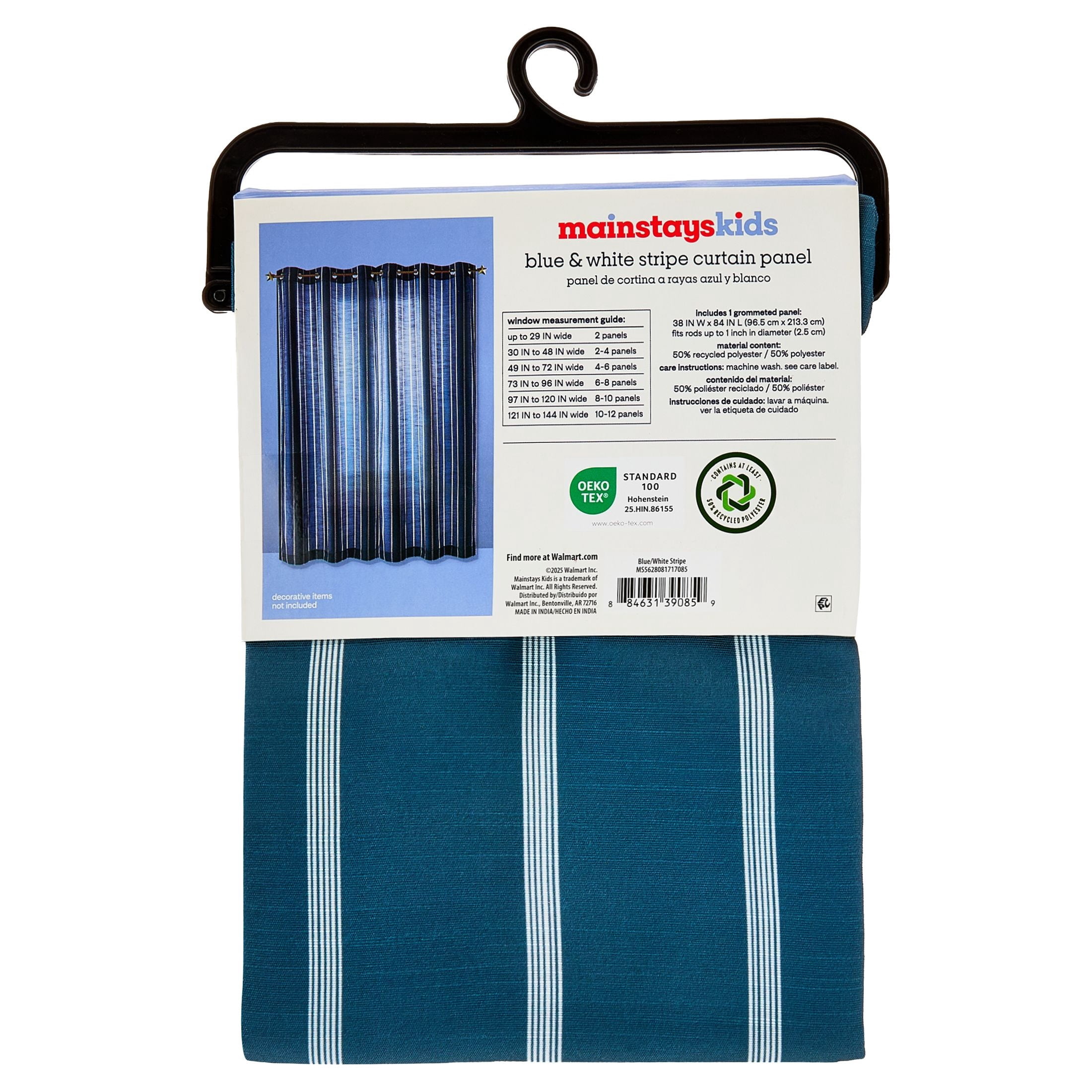 Mainstays Kids Blue and White Stripe Light-Filtering Grommet Single Curtain Panel, 38 in W x 84 in L