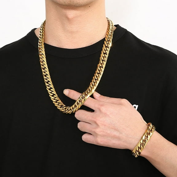 14K Yellow Gold 14mm Thick Cuban Link Chain Bracelets Necklace For Men Fashion Party Wedding Jewelry Sets Gift