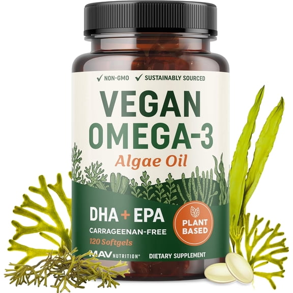 MAV Nutrition Vegan Omega-3 Algae Oil Softgels with DHA & EPA for Heart Health,120 Count