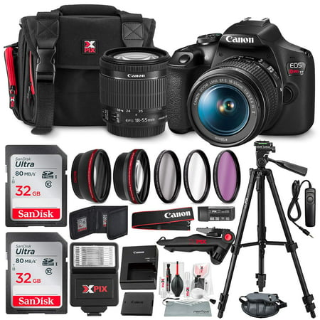 Canon T7 EOS Rebel DSLR Camera with EF-S 18-55mm f/3.5-5.6 is II Lens and UV Filter Kit + Tripods + Flash & 32GB Dual SD Card Accessory