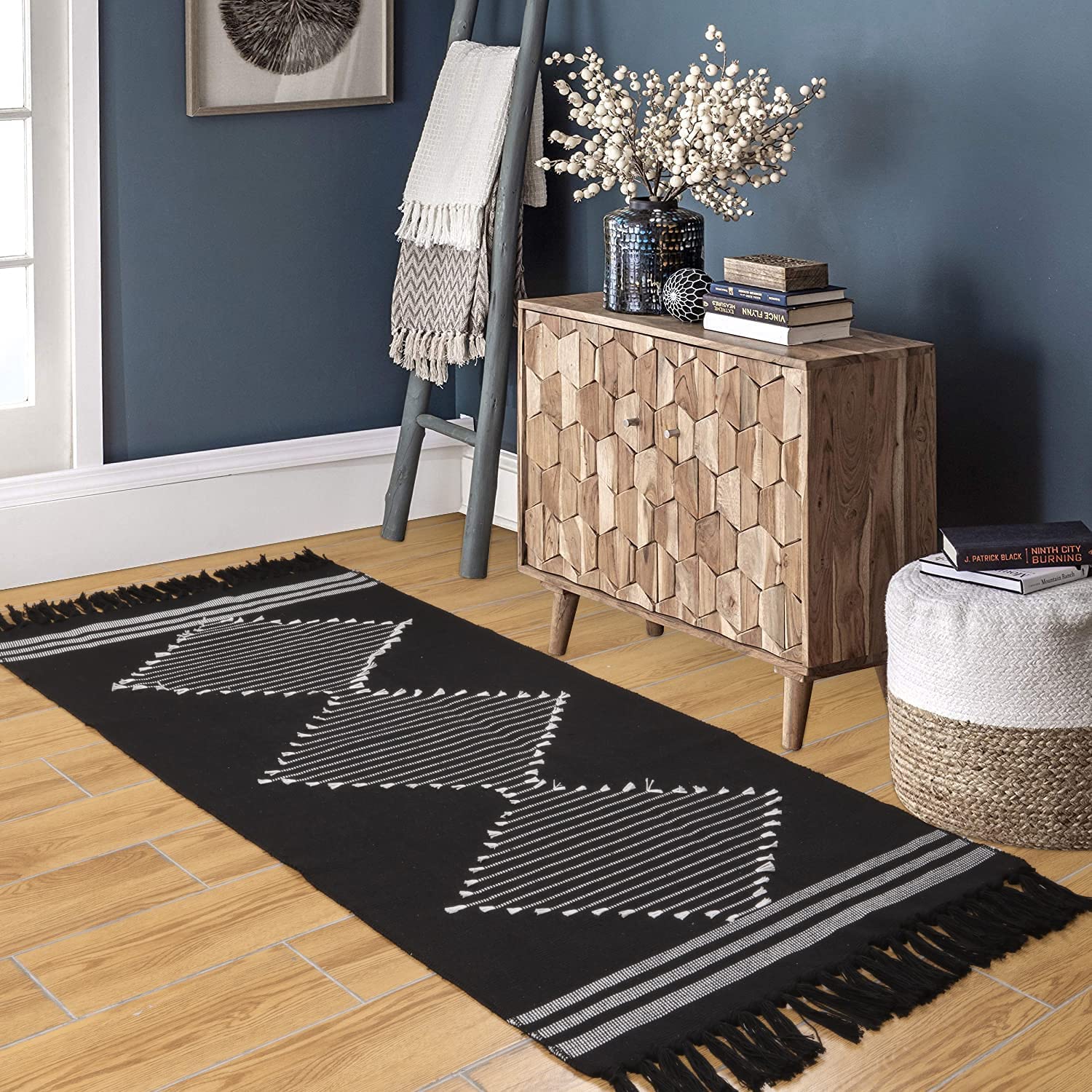 Fashionable and durable Boho Cotton Runner Rug Black Geometric Kitchen