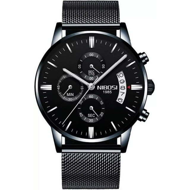 Reloj negro Nibosi 2309 para hombre, pulsera de malla de acero