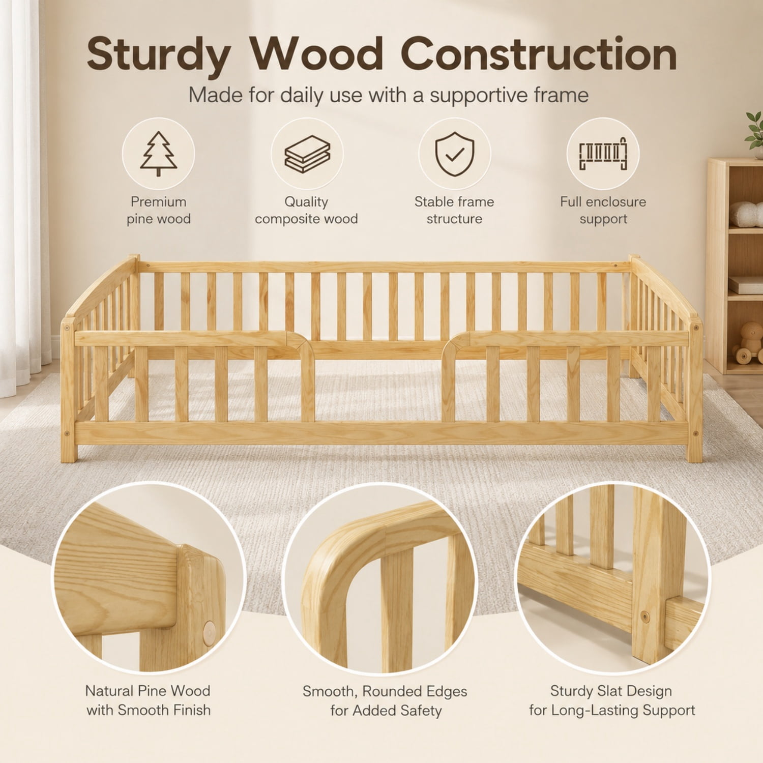 Miniyam Twin Kids Floor Bed with Guardrails, Pine Wood Montessori Bed Frame with Rounded Opening, Natural