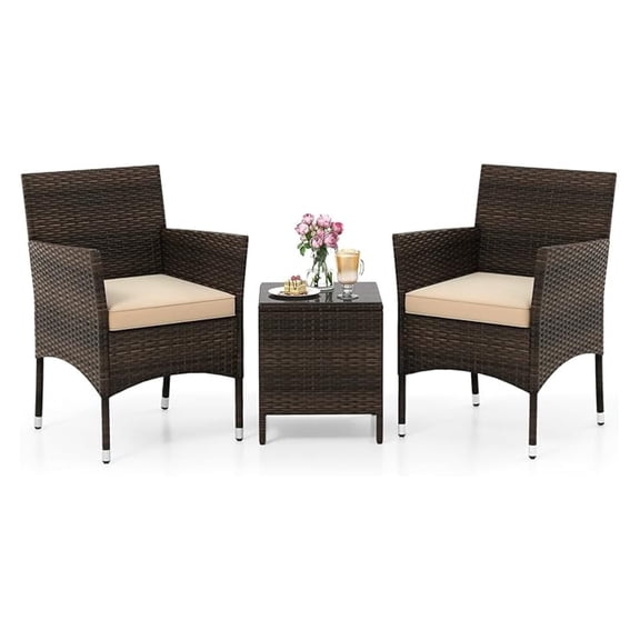 3 Piece Patio Furniture Set, Outdoor Wicker Patio Chairs with Soft Cushions & Tempered Glass Top Table, PE Rattan Bistro Set for Porch, Garden, Balcony (Beige)