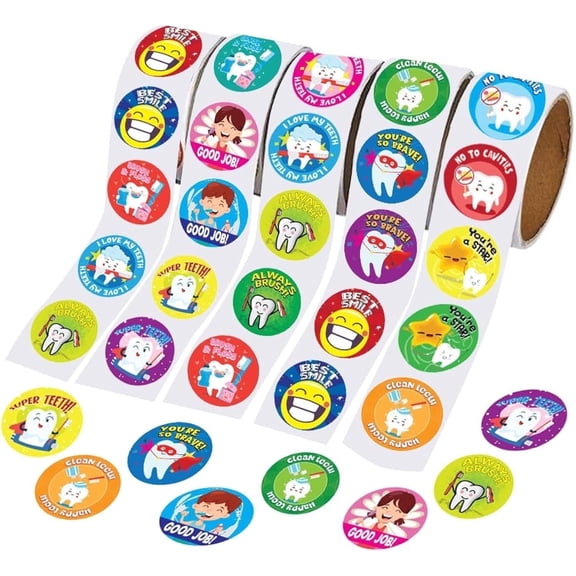 ArtCreativity Sticker Rolls, 500-Piece Dental Assortment with Cartoon Characters, Reward Stickers, Party Favors, Craft Supplies for Children Ages 3 