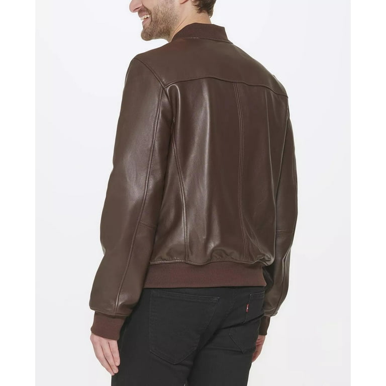 Cole Haan Men s Leather Varsity Jacket Java Brown Large