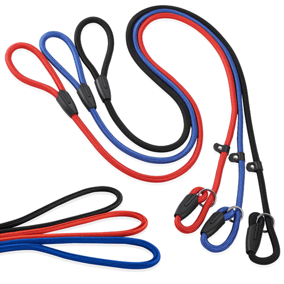 Dog Slip Leads - 3 Pack Adjustable Nylon Leads (Red/Black/Blue) - Durable, Night-Safe for Walking, Training & Outdoor Use
