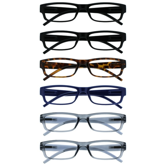 OPULIZE ACE Reading Glasses 6 Pack - Classic Everyday Narrow Frame - Scratch Resistant Spring Hinges - Black Brown Blue Grey - Mens Womens - RRRRRRR32-112377 - 1.00