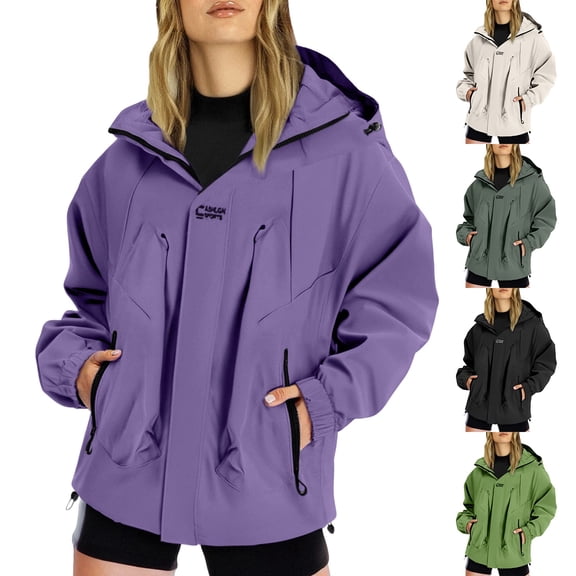 GILIGEGE Rain Jacket for Women Waterproof Lightweight Windbreaker Jacket with Hood Packable Raincoat with Pockets Loose Fit Hiking Jacket with Hood Trench Coats Purple S