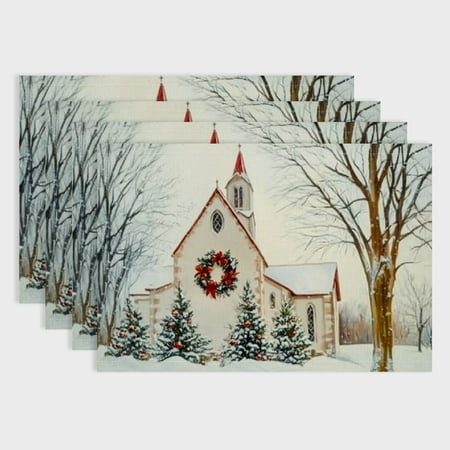 

BCIIG Christmas House Placemats Watercolor Wild Natural Pine Trees Table Mats for Kids Teens Adults Winter Snow Rustic Cabin Style Kitchen Mats for Dining Table Set of 4 18x12in