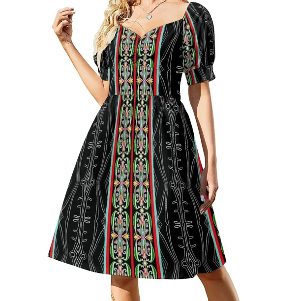 Vestido de manga corta con estampado floral Anishinaabe sobre fondo negro abstracto, ropa de mujer, vestido de noche para mujer