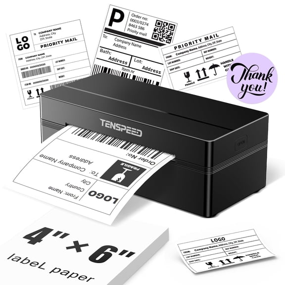 TENSPEED Wireless Bluetooth USB 4x6 Thermal Shipping Label Printer, for Shipping Packages, Black