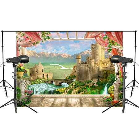 Image of ABPHOTO Polyester 7x5ft Spectacular Mountain River Ancient Architecture Photography Background Beautiful View of the European landscape Backdrop Kids Wedding Photo Studio Backdrop