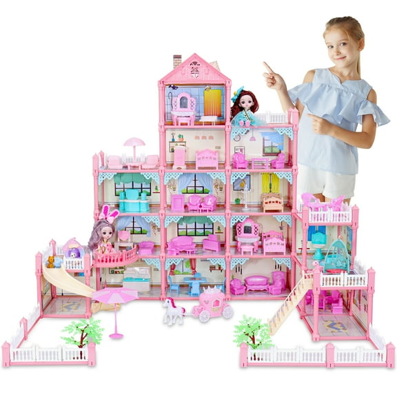 Doll House for Girls with Dolls Figure, Puppies , Furnitures, Accessories, LED Light, Gift for Girls Ages 3 4 5 6 7 8