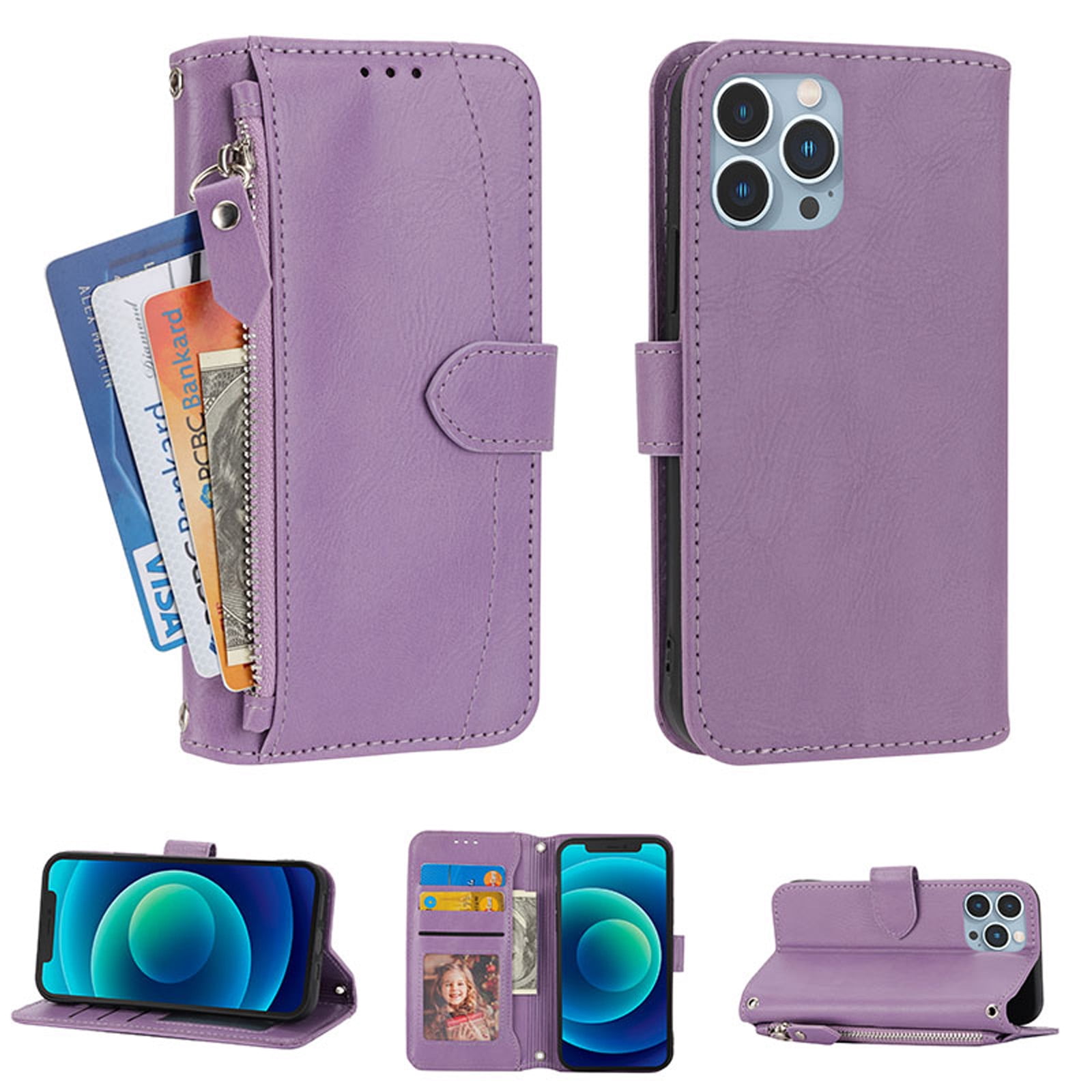 YuHii Phone case iPhone 13 pro Wallet Case for Women iPhone 13 pro Wallet  case with Card Holder Leather Flip Folio Cover with Credit Holder-Purple