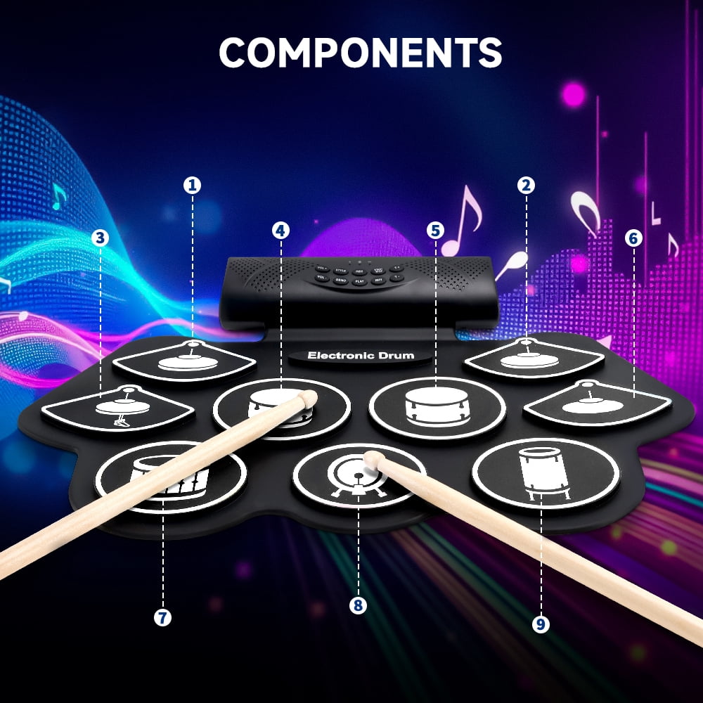 VIPQV Electronic Drum Set, 9-Drum Practice Pad with Headphone Jack, Hand-roll Drum Kit Machine with Built-in Speaker Drum Pedals and Sticks 10 Hours Playtime, Great Gift for Beginners