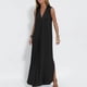 thumbnail image 4 of Vestido largo sin mangas con cuello en V para mujer: color liso, estilo boho, abertura delantera, mezcla de poliéster y spandex, largo hasta el tobillo, para verano, 4 of 8