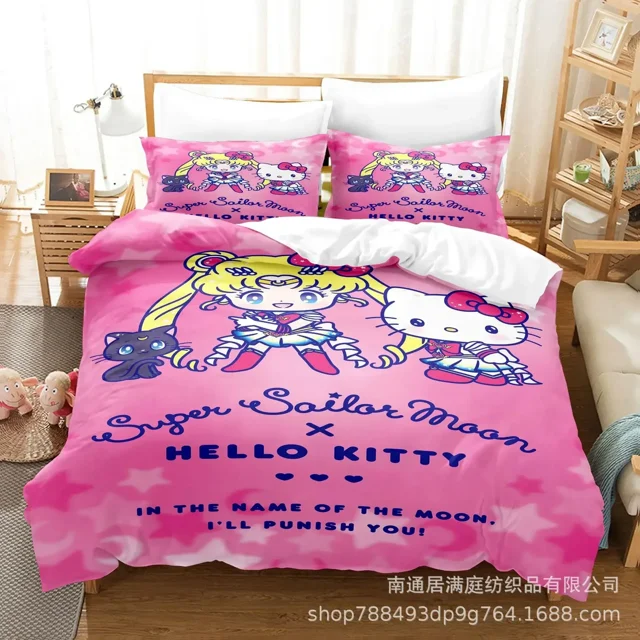 Sanrio Digital Printing HelloKitt Pudding Dog Cartoon Style Quilt Cover Bedding Three-piece Set Two-dimensional Home Furnishing WT