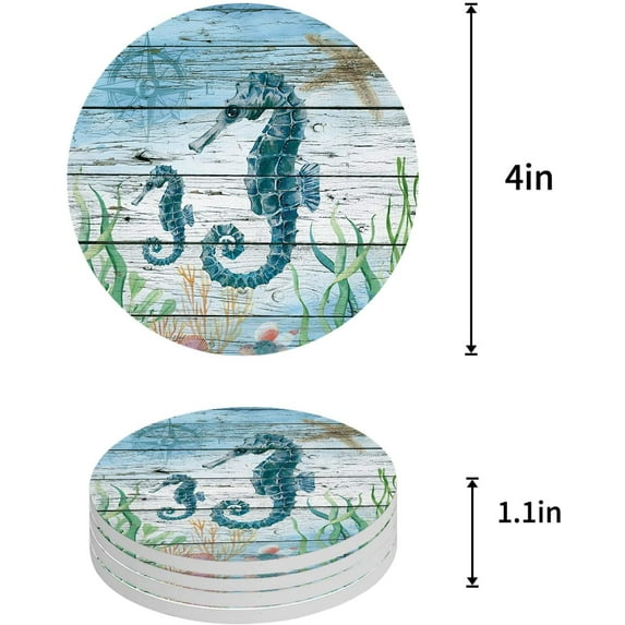 FMSHPON Theme Hippocampus Wood Grain Set of 6 Round Coaster for Drinks, Absorbent Ceramic Stone Coasters Cup Mat with Cork Base for Home Kitchen Room Coffee Table Bar Decor