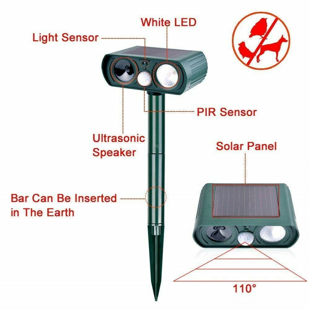 Dogs Solar Powered and Waterproof PIR Sensor Repeller for Cats Humutan Ultrasonic Dog Repellent Birds and Skunks and More 