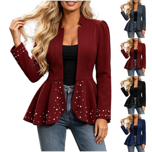 GaThRRgYP Womens Jean Jacket Cropped Women's Stand Collar Open Front Waist Fitted Peplum Hem Solid Color Pearl Embellished Stylish Long Sleeve Jacket Black L