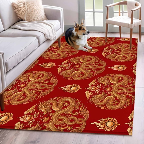 Chinese New Year Area Rugs 3'x5', Washable Small Throw Rugs for Living Room Bedroom, Yellow Dragon Traditional Vintage Red Indoor Outdoor Rug Non-Slip Low Pile Carpet Runner Reversible Floor Mats