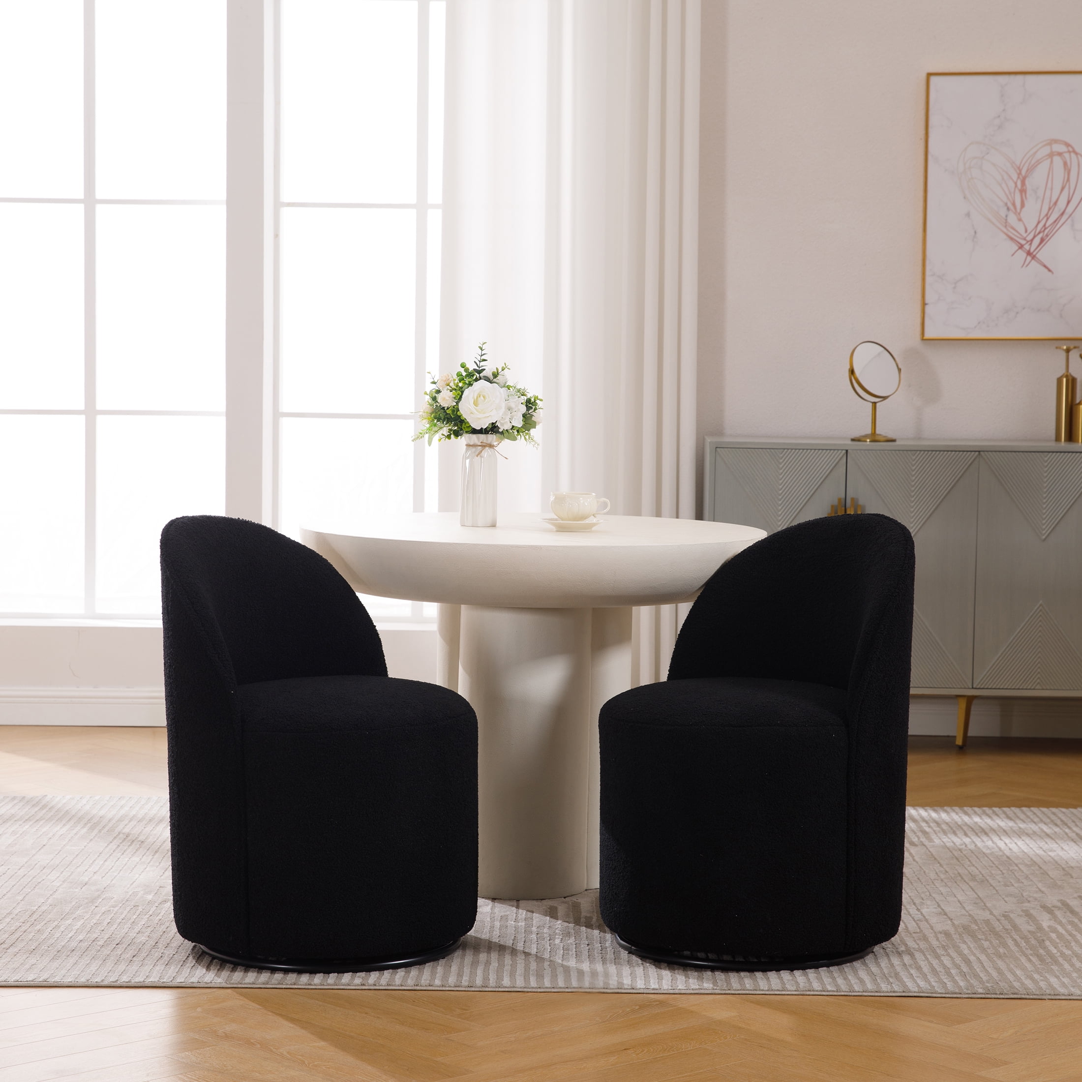 Guyou 360° Swivel Barrel Dining Chair Set of 2, Mid-Century Modern Upholstered Barrel Accent Chair, Sherpa Round Vanity Chair for Dining Room Living Room Bedroom, Black