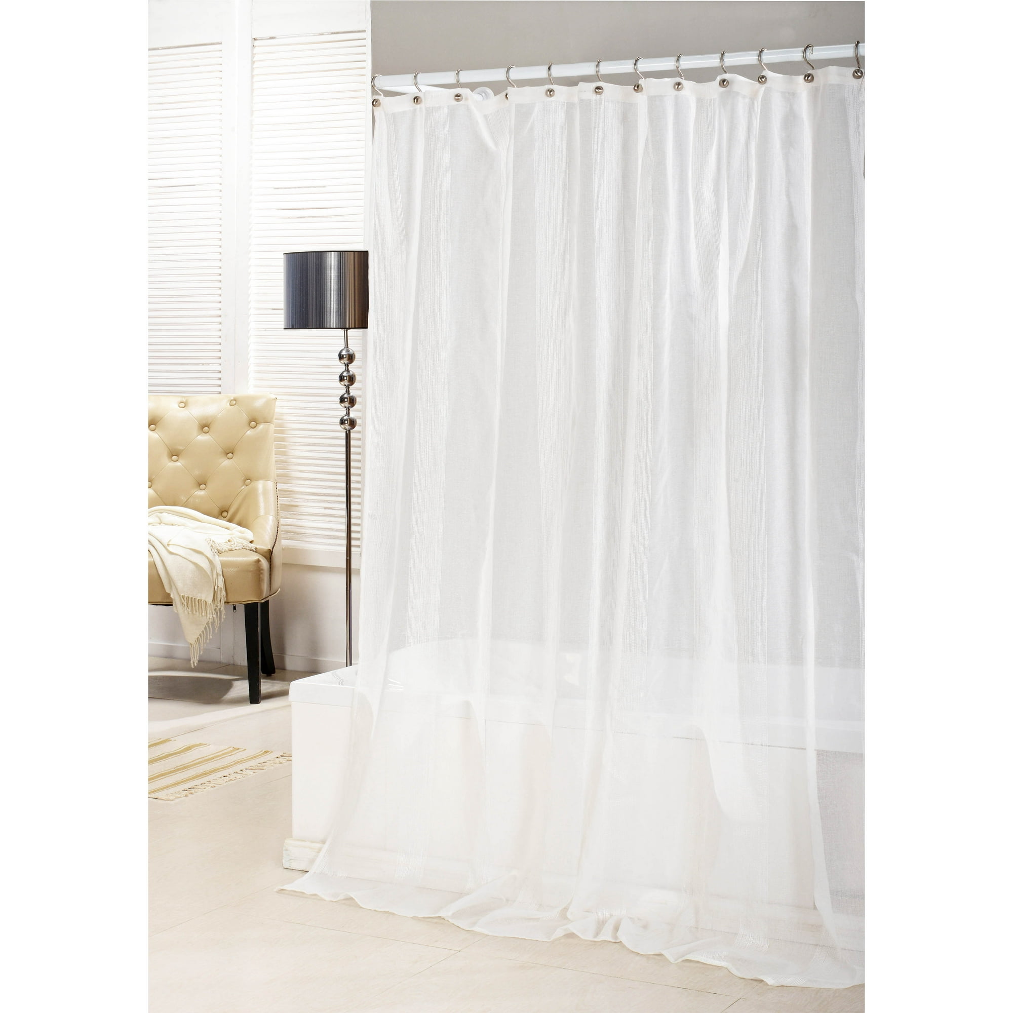 Sheer Pure White Shower Curtain Stripe, Sheer Cotton Shower Curtain