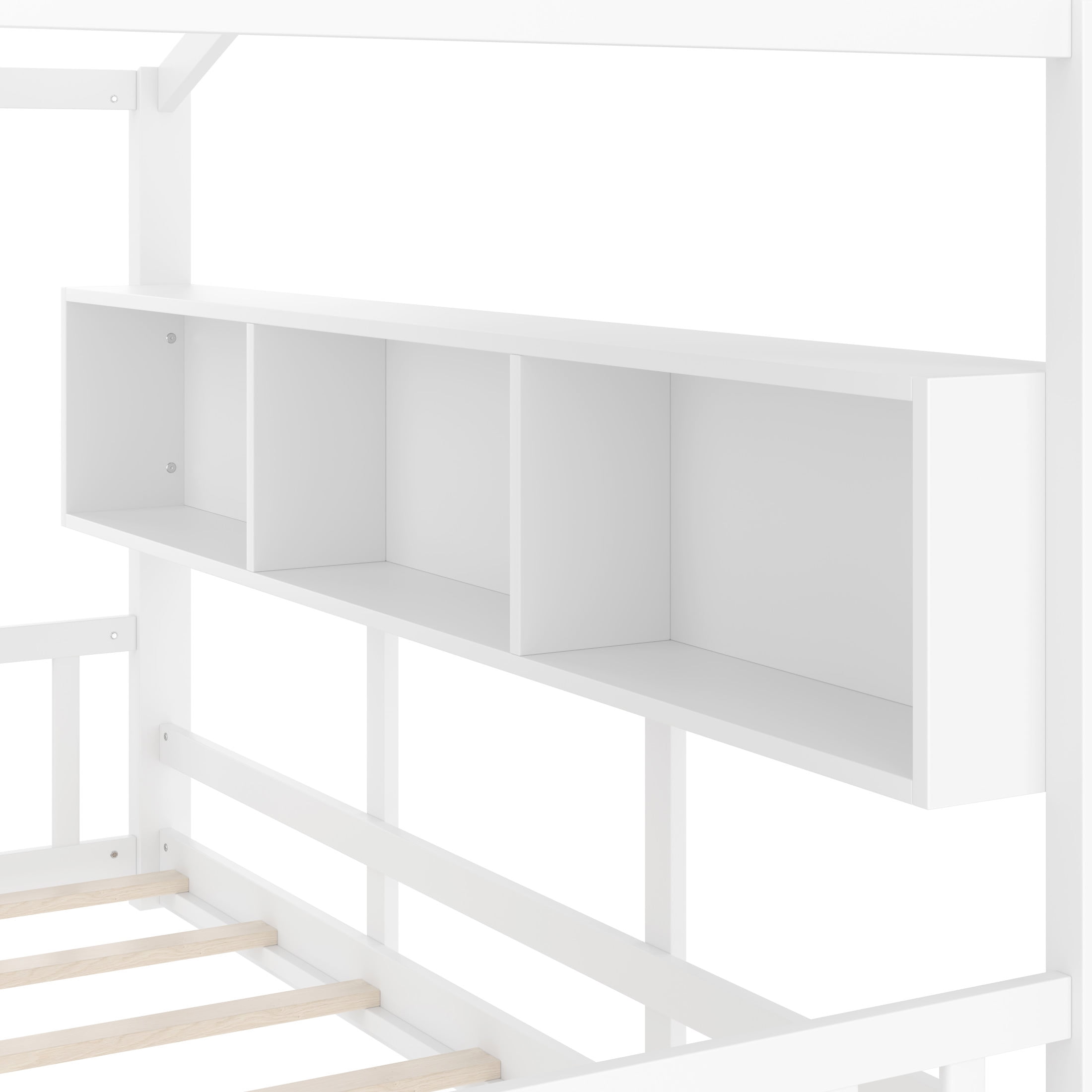 Noble House Full Size Floor House Bed for Toddlers,Playhouse Bed with Built-in Storage Shelf and Roof Design,White