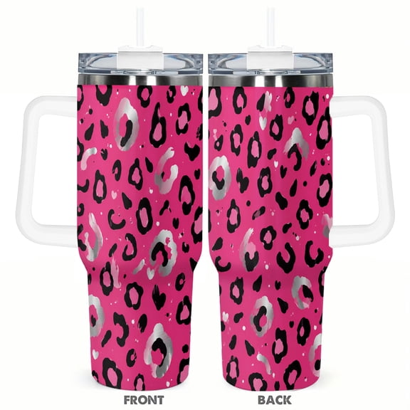 Pink Leopard Print 40oz Car Tumbler Insulated Travel Cup with Handle and Straw Stainless Steel Vacuum Coffee Cup Trendy Thermal Travel Cup Gift for Her