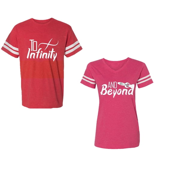 To Infinity & Beyond Unisex Couple Matching Cotton Jersey style T-Shirt Contrasting stripes on sleeves (Men Red / Women Pink) (Men S / Women L)