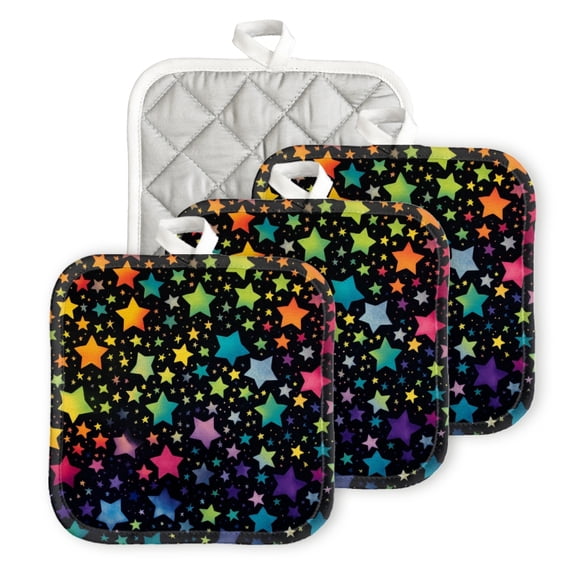 BaHomeck Pot Holders 4pcs dacron Made Square heat-resisting mat Machine Washable for Kitchen Oven Hot Pads 6.7inch*6.7inch,Colorful Stars On Black Background With Vibrant Star Pattern
