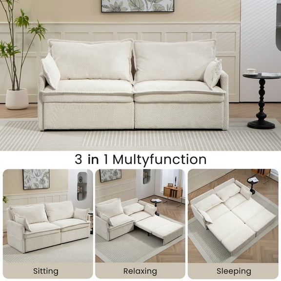 73.6" Corduroy Pull Out Sofa Bed w/ USB & Storage - 3-in-1 Convertible Sleeper Couch for Living Room & Apartment, White